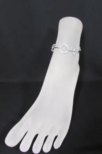 Silver Metal Thin Chains Anklet Foot Round Circle Rhinestones Beach Pool Party Accessories