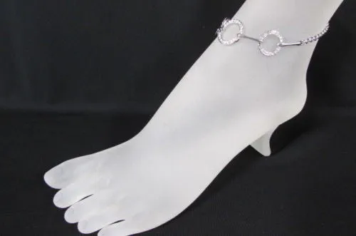 Silver Metal Thin Chains Anklet Foot Round Circle Rhinestones Beach Pool Party Accessories