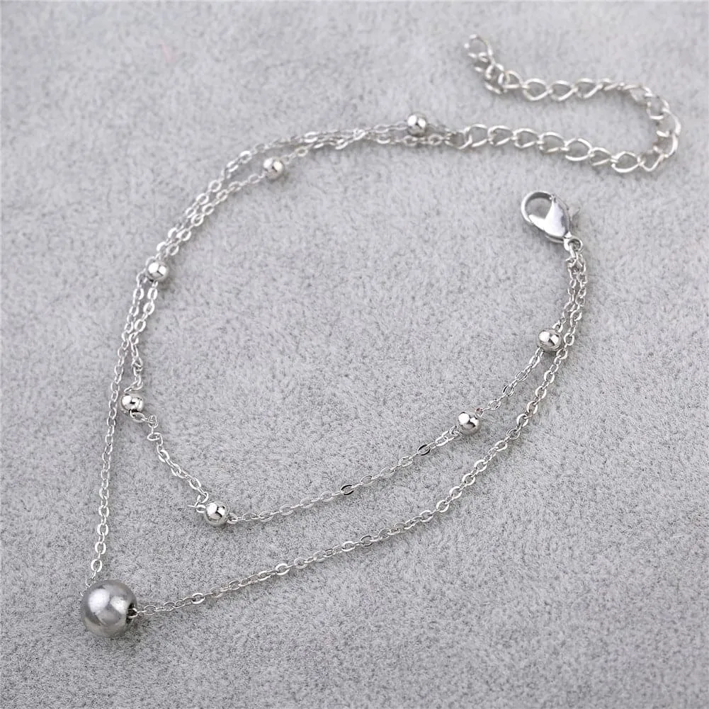 Silver-Plated Beaded Layered Station Charm Anklet