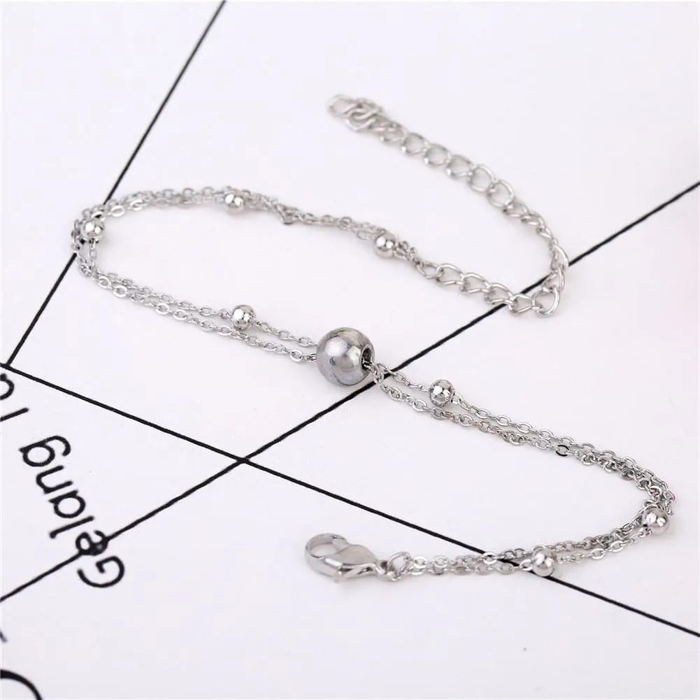 Silver-Plated Beaded Layered Station Charm Anklet