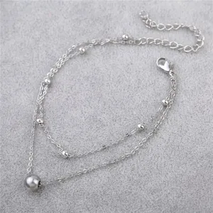 Silver-Plated Beaded Layered Station Charm Anklet