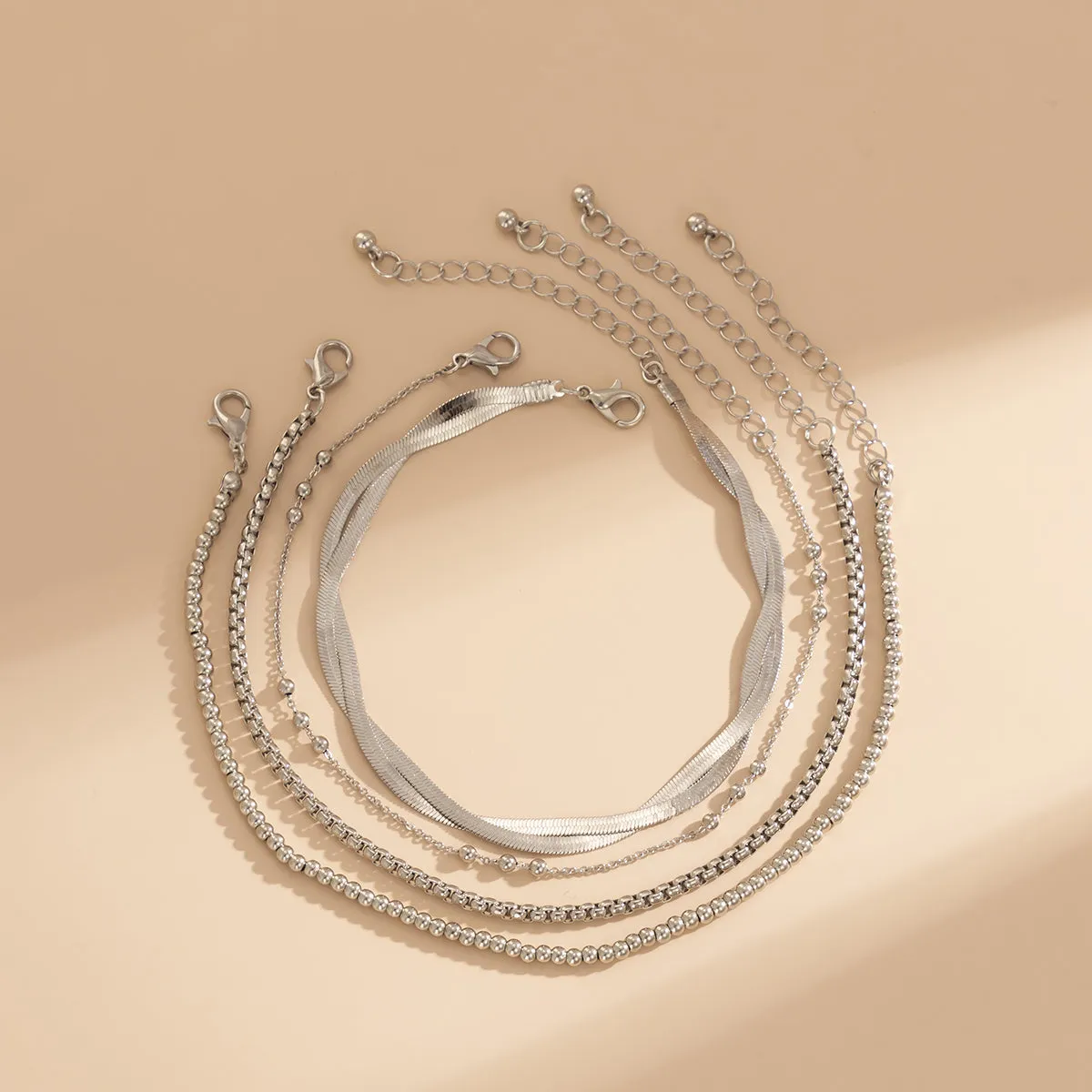 Silver-Plated Crossing Herringbone Chain Anklet Set