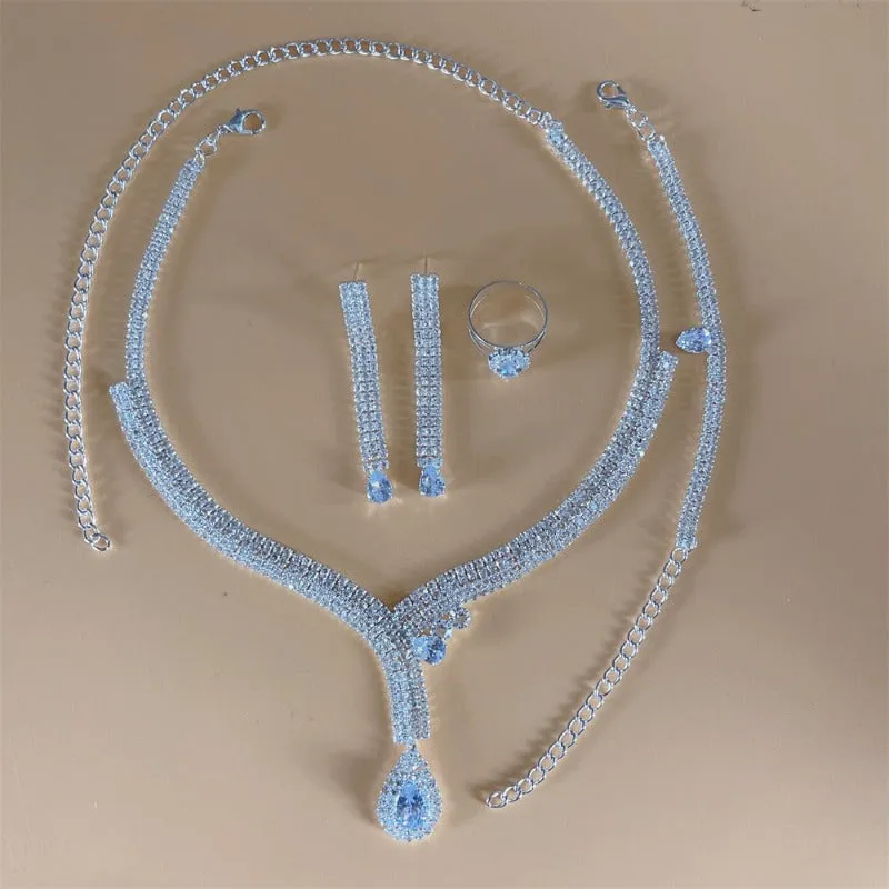 Silver Sapphire Bridal Jewelry Set Women Wedding Jewelry