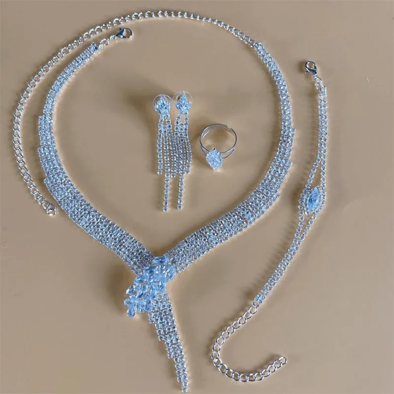 Silver Sapphire Bridal Jewelry Set Women Wedding Jewelry