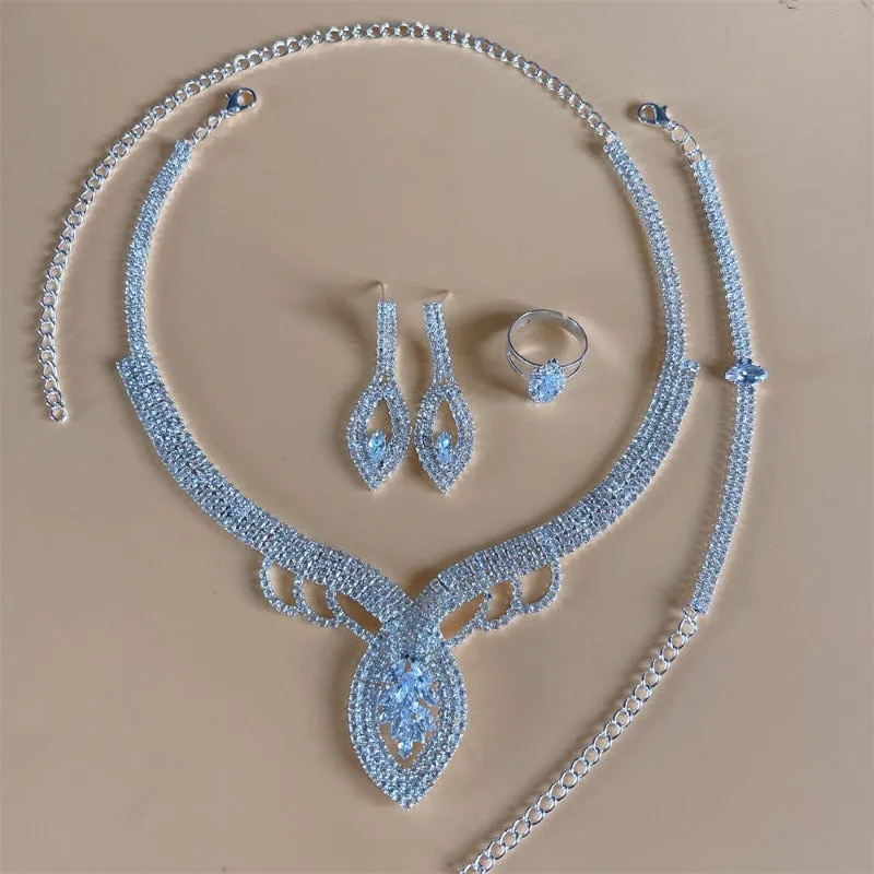 Silver Sapphire Bridal Jewelry Set Women Wedding Jewelry