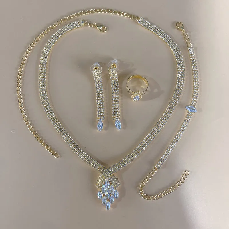 Silver Sapphire Bridal Jewelry Set Women Wedding Jewelry