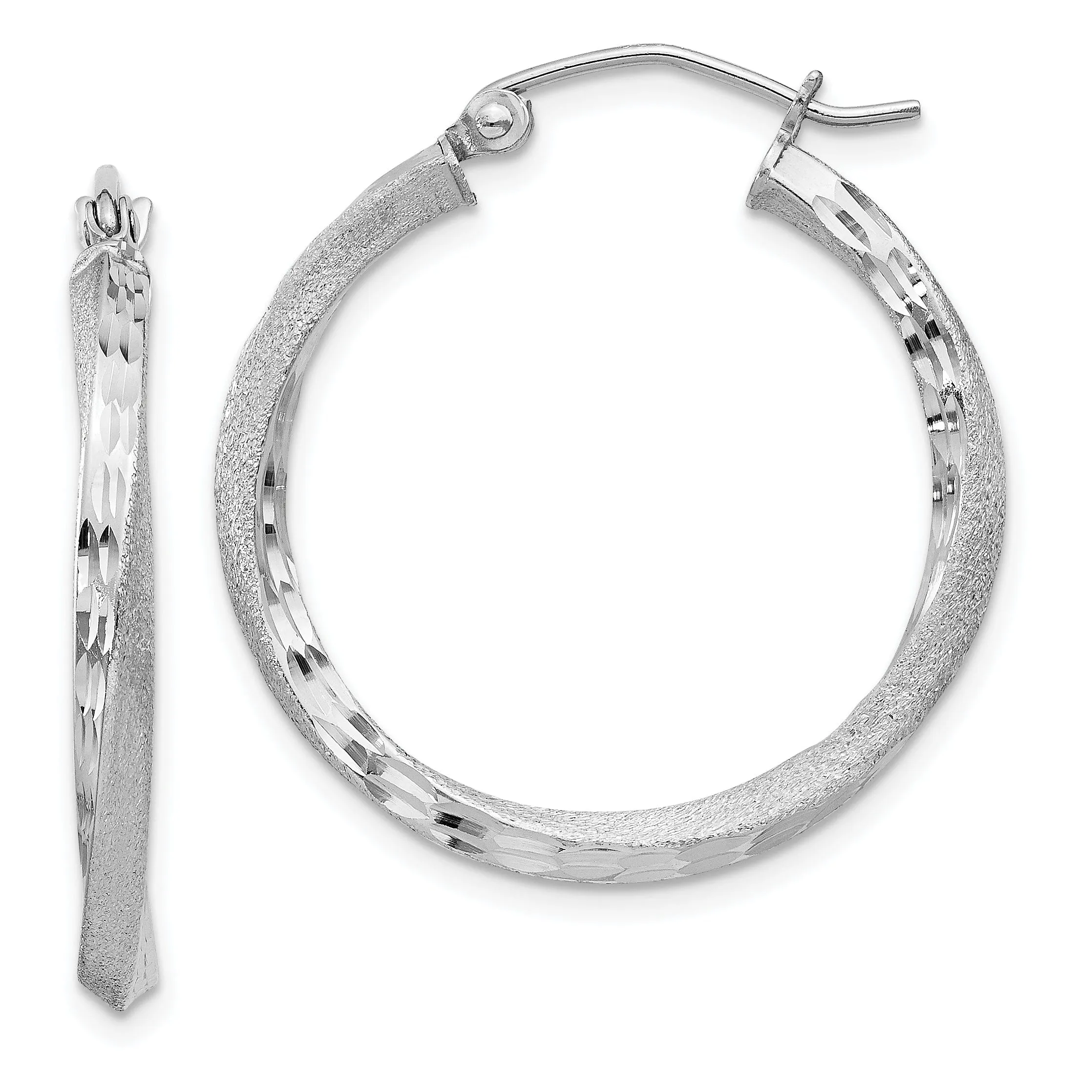 Silver Satin Diamond Cut Twist Hoop Earrings