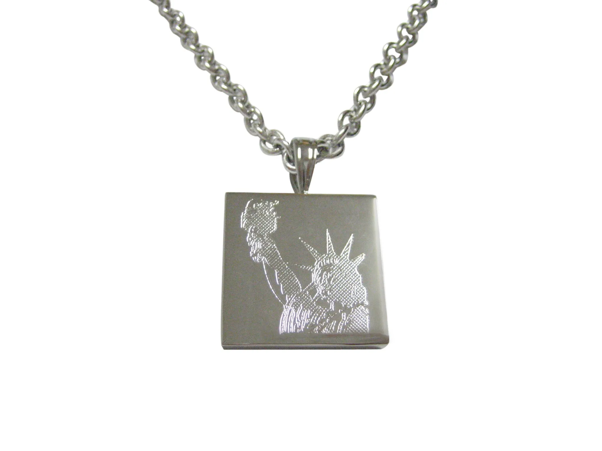 Silver Toned Etched Iconic Statue of Liberty Pendant Necklace