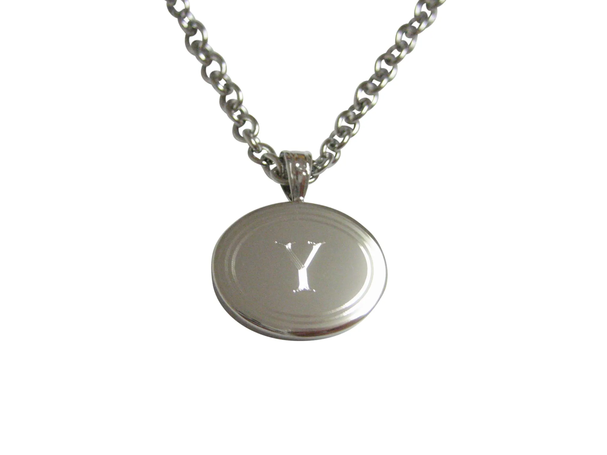 Silver Toned Etched Oval Letter Y Monogram Pendant Necklace