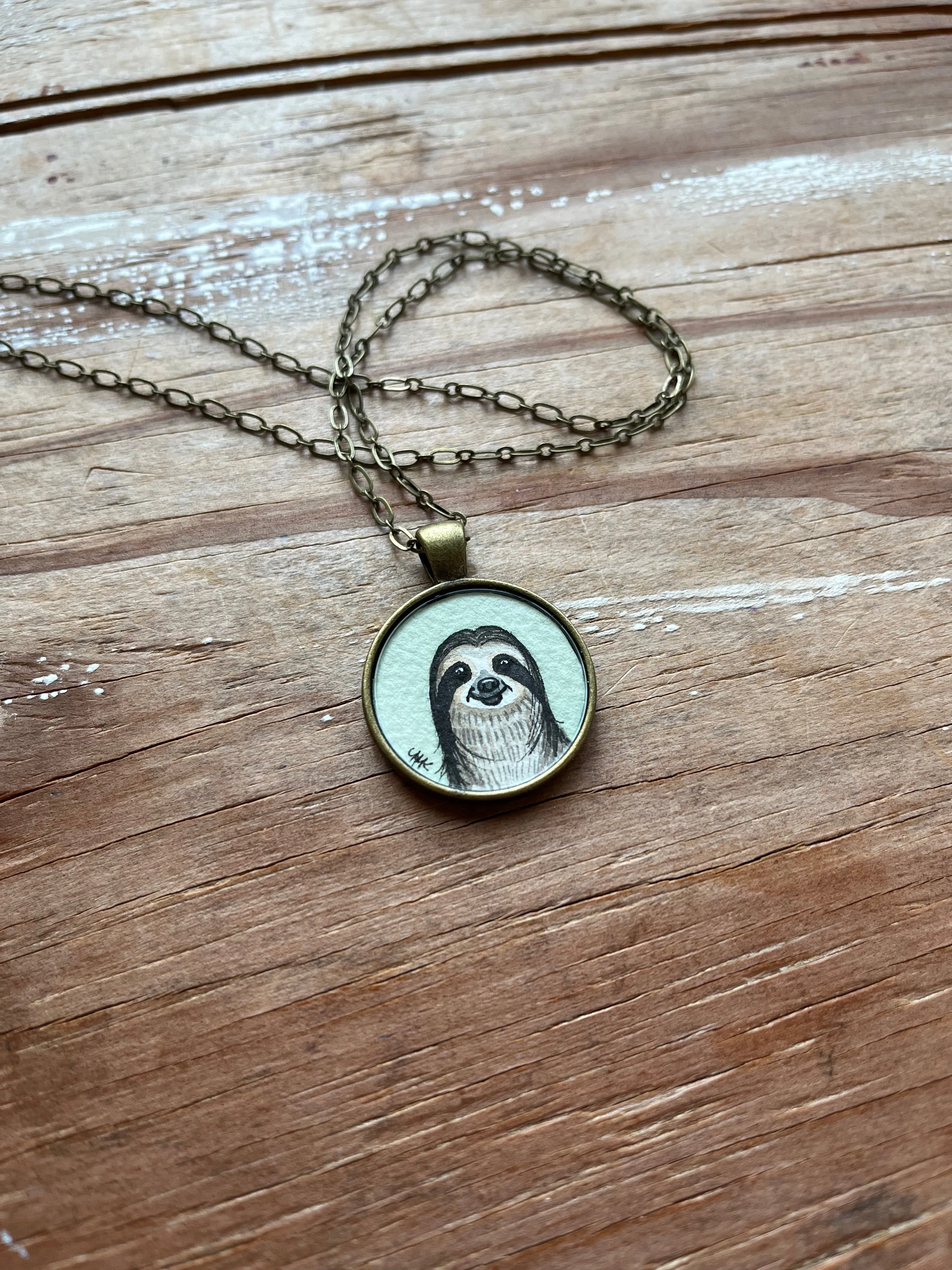 Sloth Necklace, Original Hand Painted Pendant