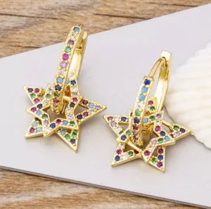 Small Multicolored Pave with Star Charm Hoop Earrings 220-21 | Erika Williner Designs