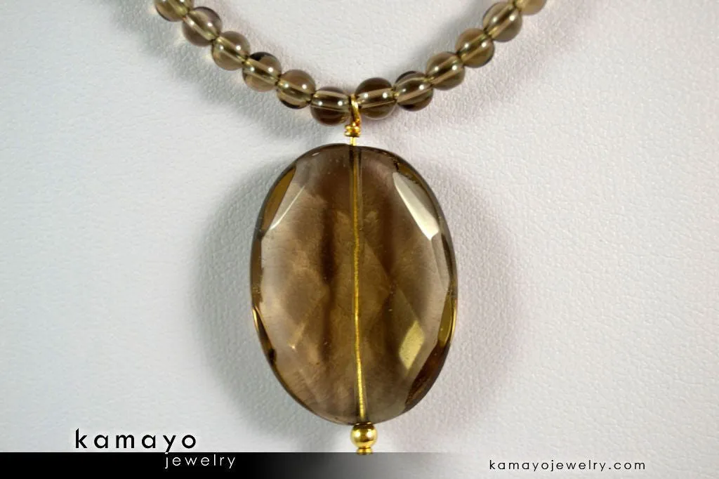 SMOKY QUARTZ NECKLACE - Faceted Oval Pendant and Round Beads