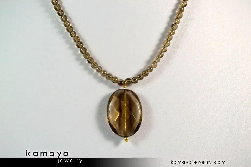 SMOKY QUARTZ NECKLACE - Faceted Oval Pendant and Round Beads