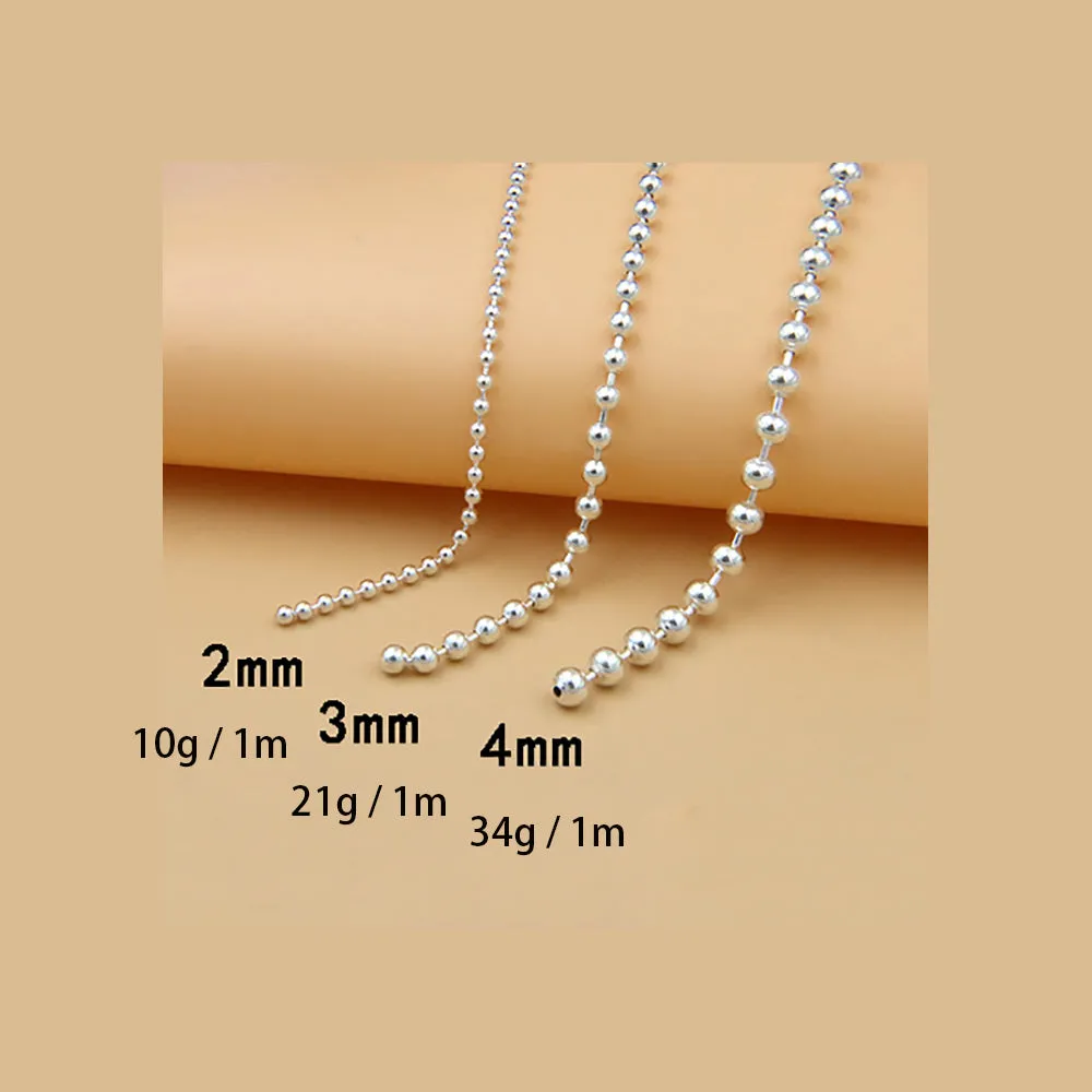 Sold by the Foot BULK Solid 925 Sterling Silver 2mm 3mm 4mm Unfinished Round Bead Chain