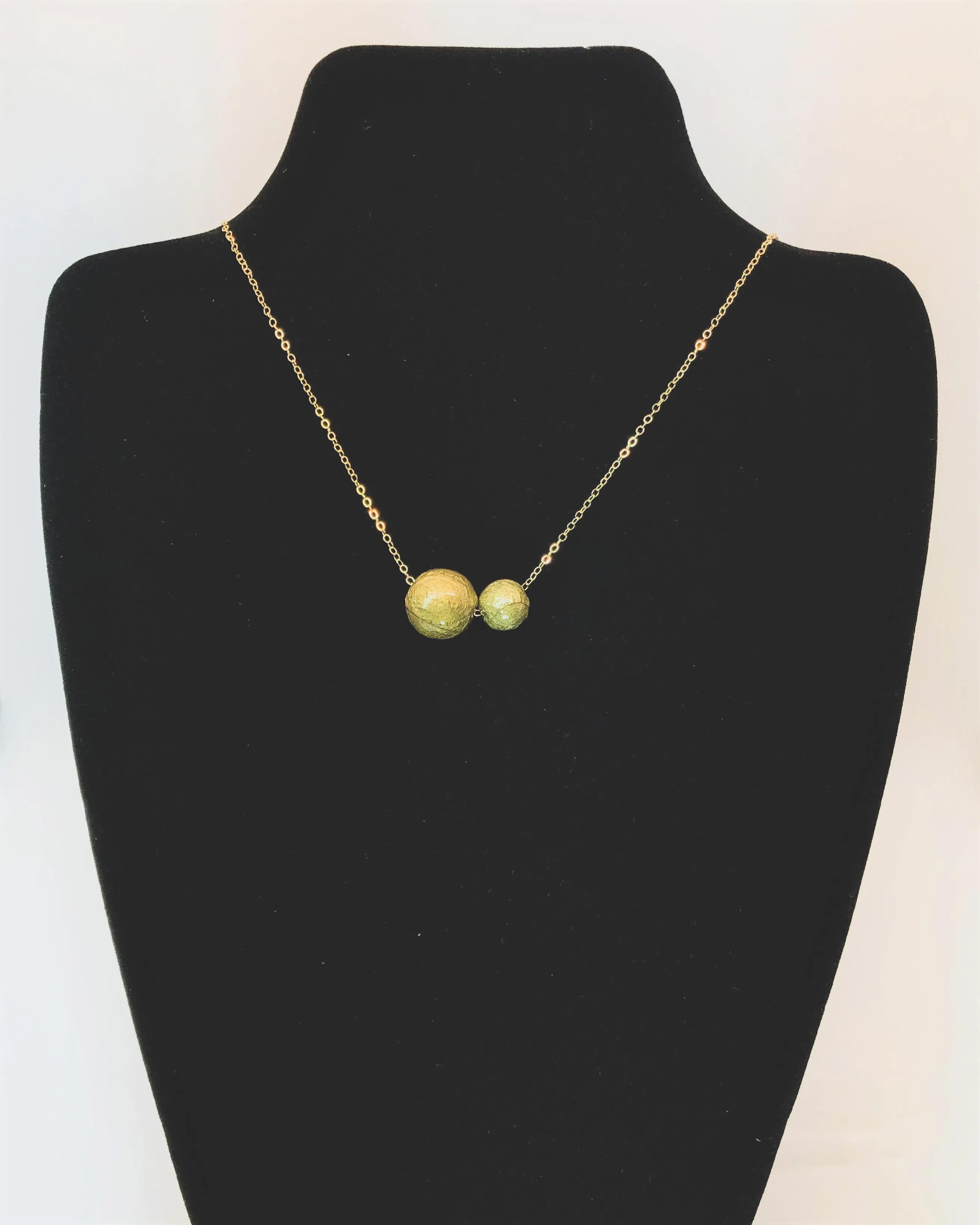 Stacking Charm Necklace with Two Handmade Yellow Gold Paper Beads on Chain