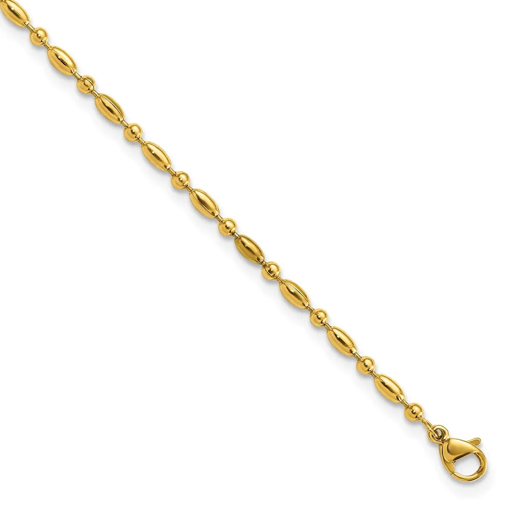 Stainless Steel Polished Yellow IP Fancy Beaded 9.5in w/1in ext. Anklet