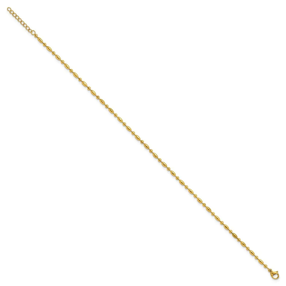 Stainless Steel Polished Yellow IP Fancy Beaded 9.5in w/1in ext. Anklet