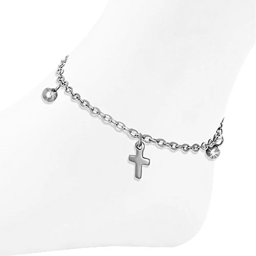 Stainless Steel Silver-Tone Religious Cross Anklet Bracelet