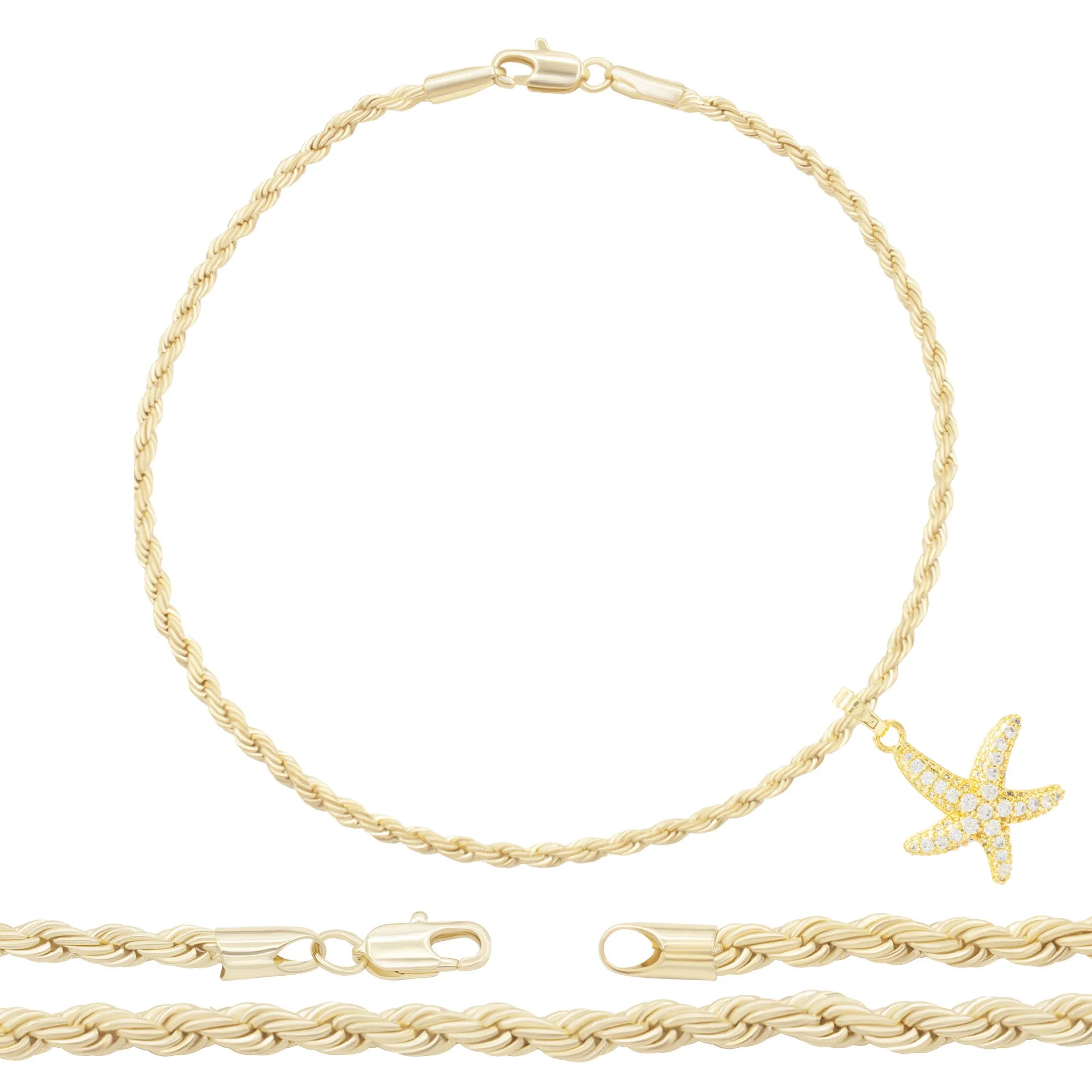 Starfish Pendant 14K Anklet Gold Filled Cubic Zirconia Charm Rope Chain Set 10" WomenJewelry