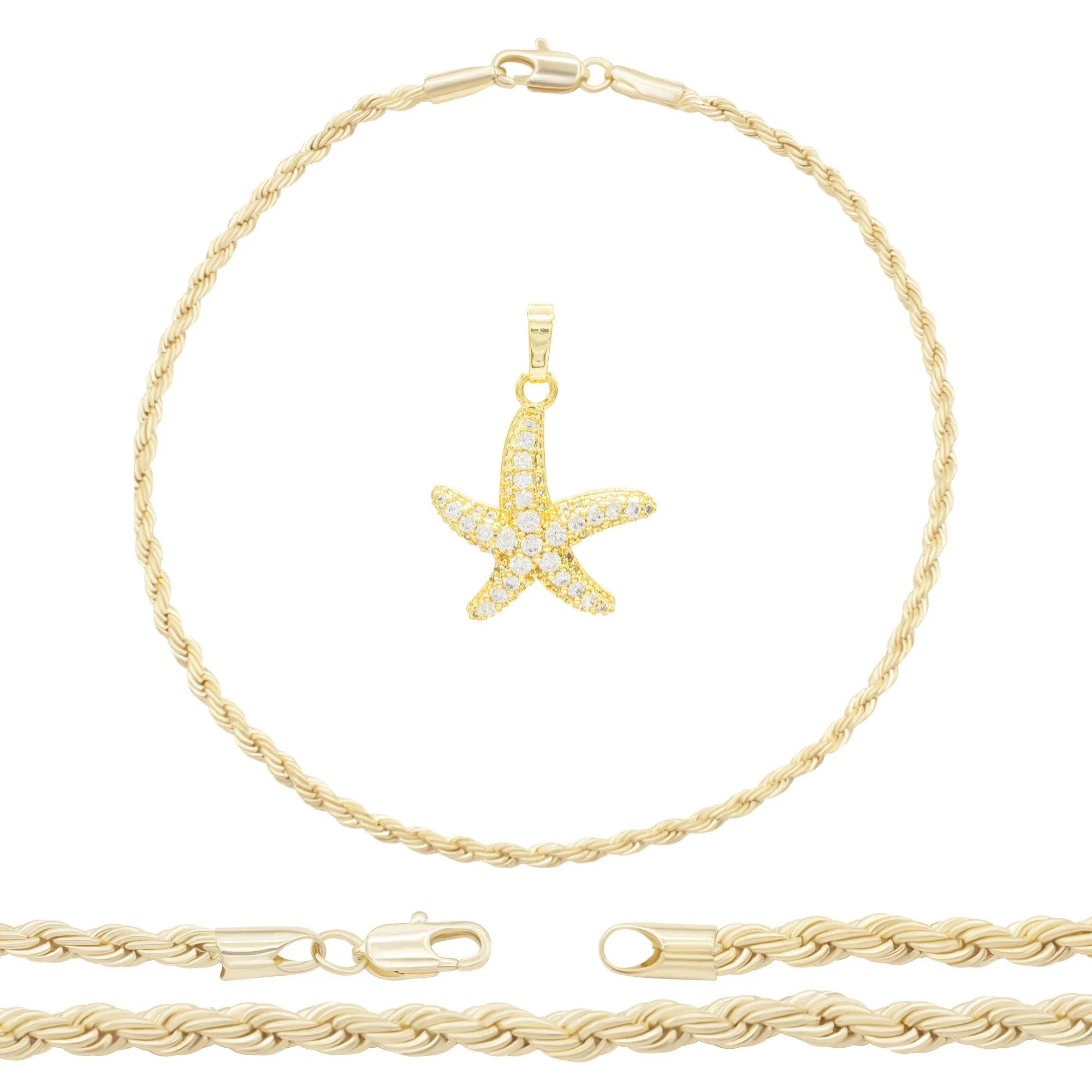 Starfish Pendant 14K Anklet Gold Filled Cubic Zirconia Charm Rope Chain Set 10" WomenJewelry