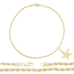 Starfish Pendant 14K Anklet Gold Filled Cubic Zirconia Charm Rope Chain Set 10" WomenJewelry