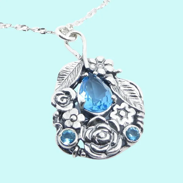 Sterling Silver 925 Necklace floral design Pendant blue topaz/ amethyst zircon
