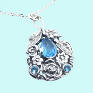 Sterling Silver 925 Necklace floral design Pendant blue topaz/ amethyst zircon