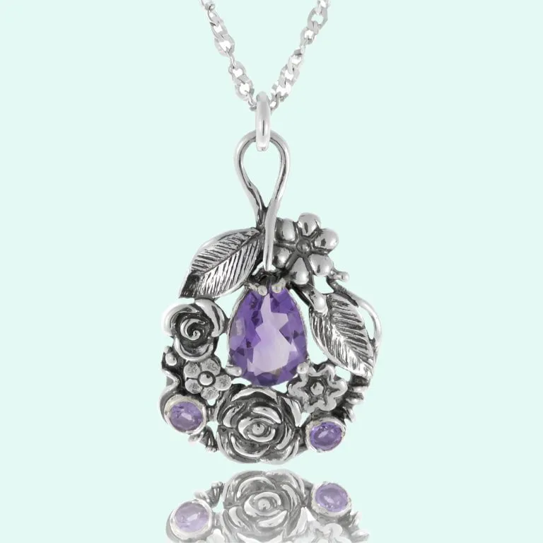 Sterling Silver 925 Necklace floral design Pendant blue topaz/ amethyst zircon