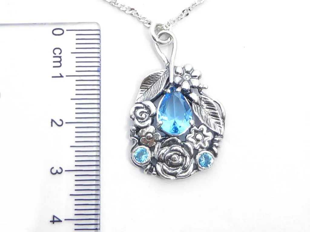 Sterling Silver 925 Necklace floral design Pendant blue topaz/ amethyst zircon