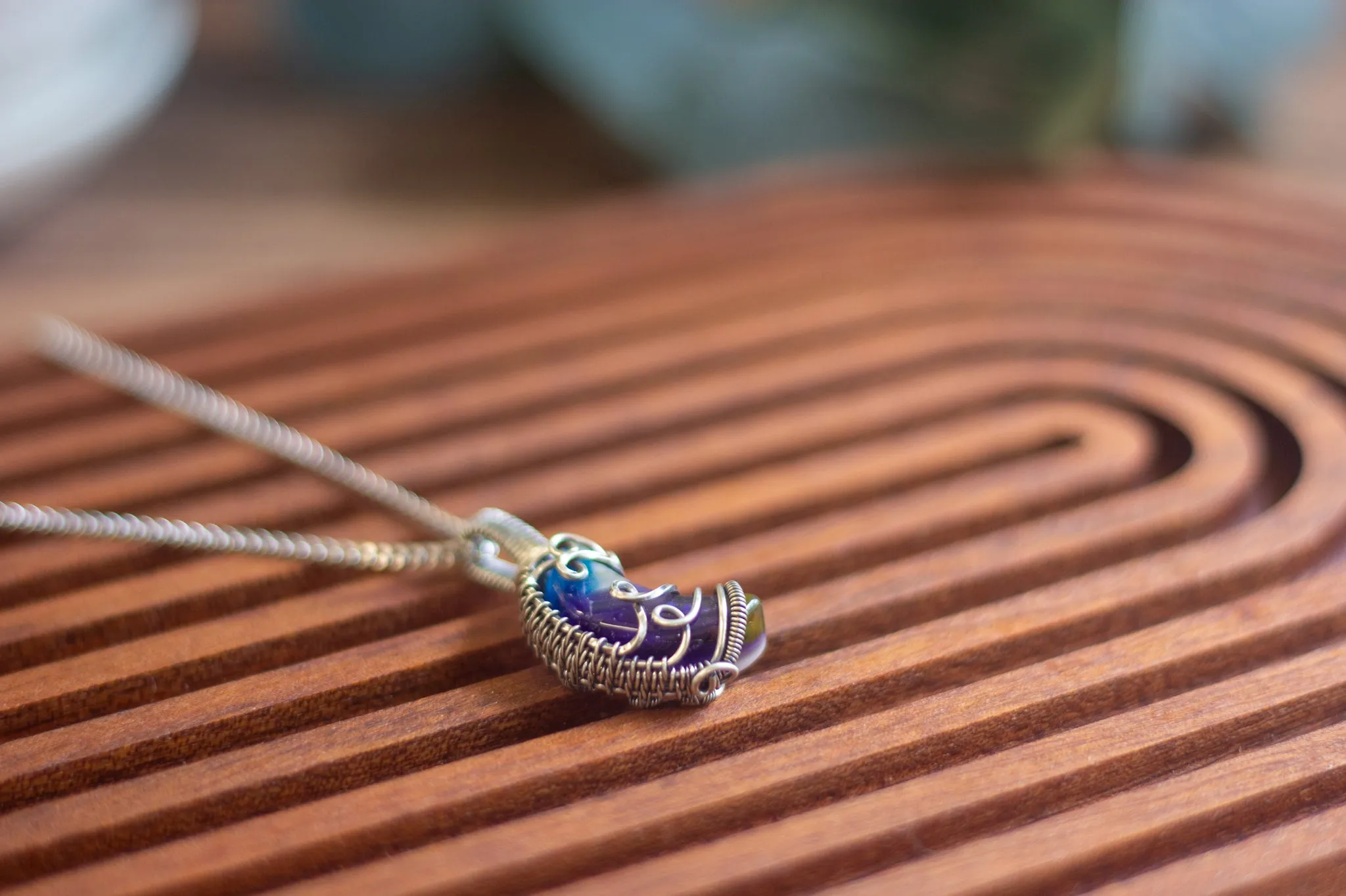 Sterling Silver and Dichroic Blue and Purple Fused Glass Crescent Moon Pendant