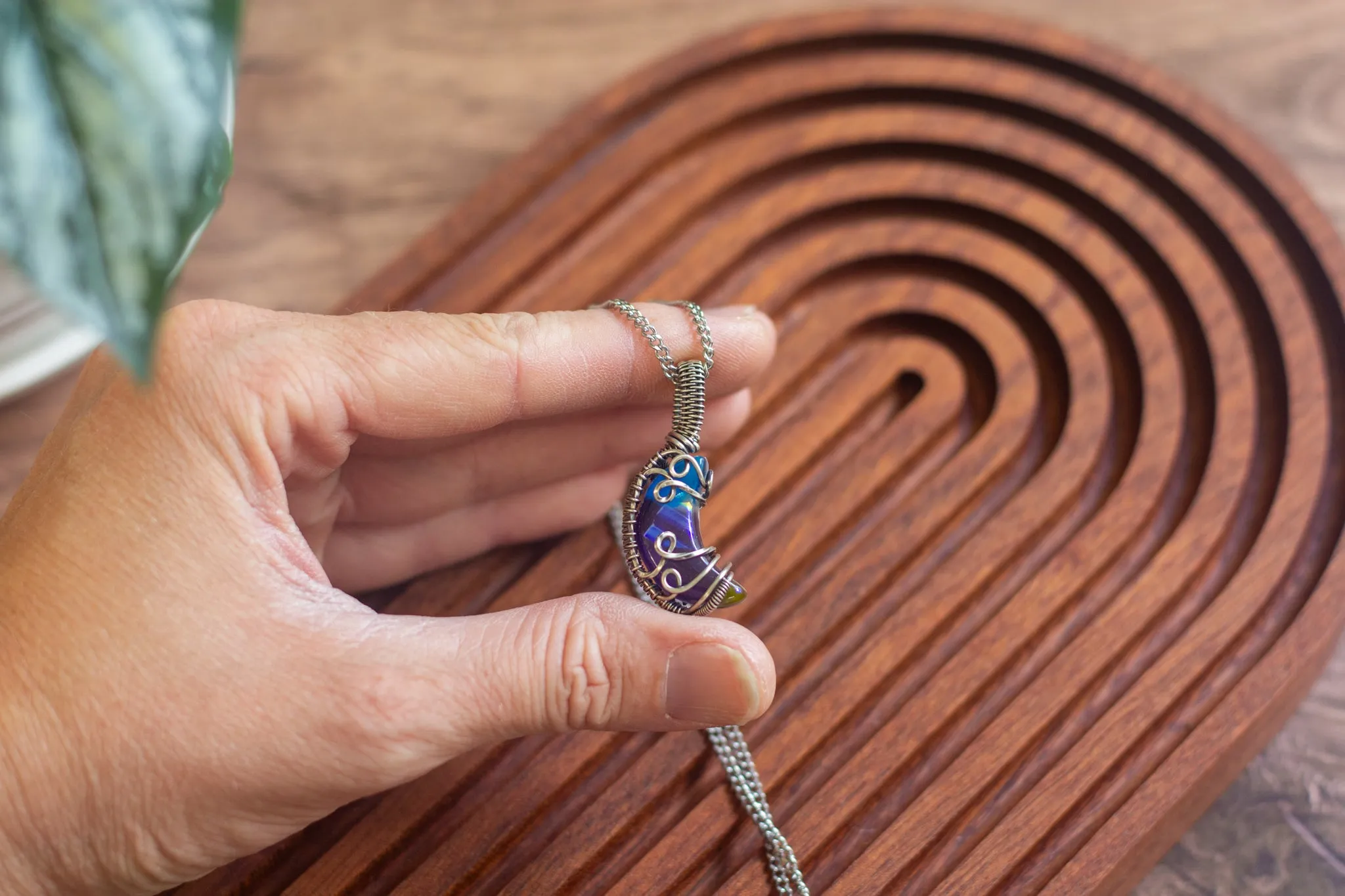 Sterling Silver and Dichroic Blue and Purple Fused Glass Crescent Moon Pendant