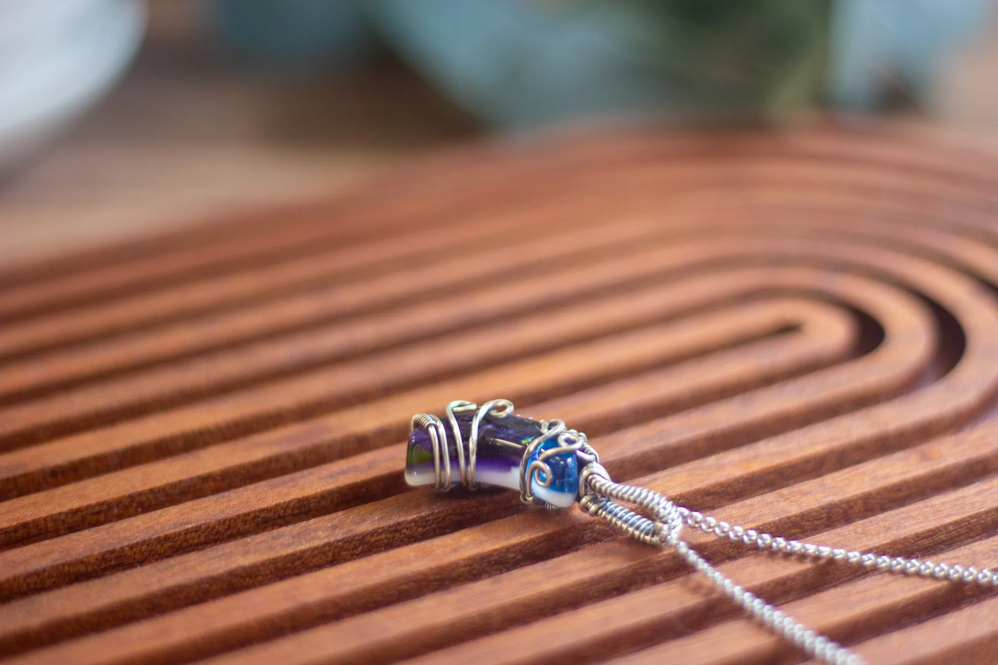 Sterling Silver and Dichroic Blue and Purple Fused Glass Crescent Moon Pendant