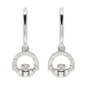 Sterling Silver Claddagh Hoop Earrings Adorned By Crystals SW243