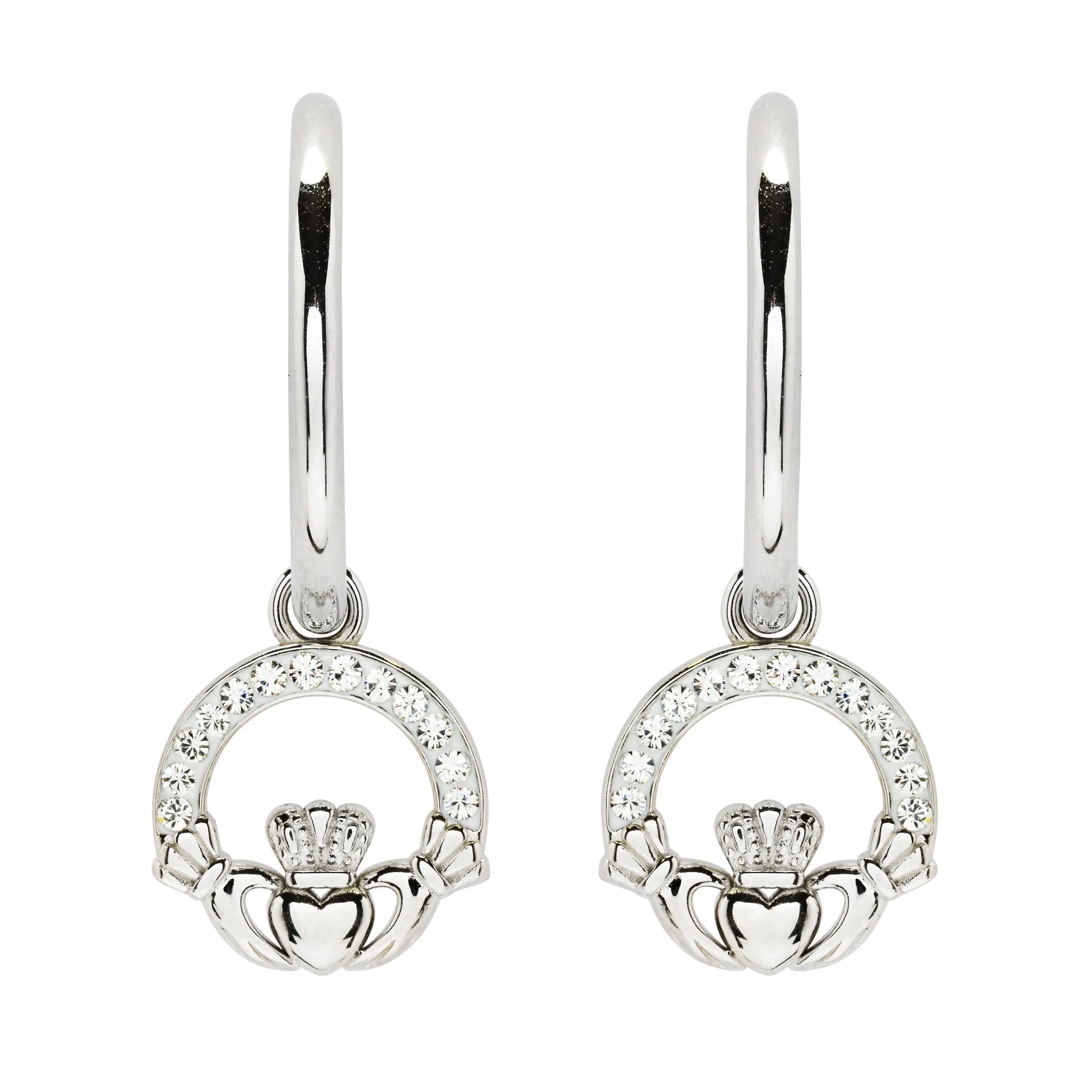 Sterling Silver Claddagh Hoop Earrings Adorned By Crystals SW243