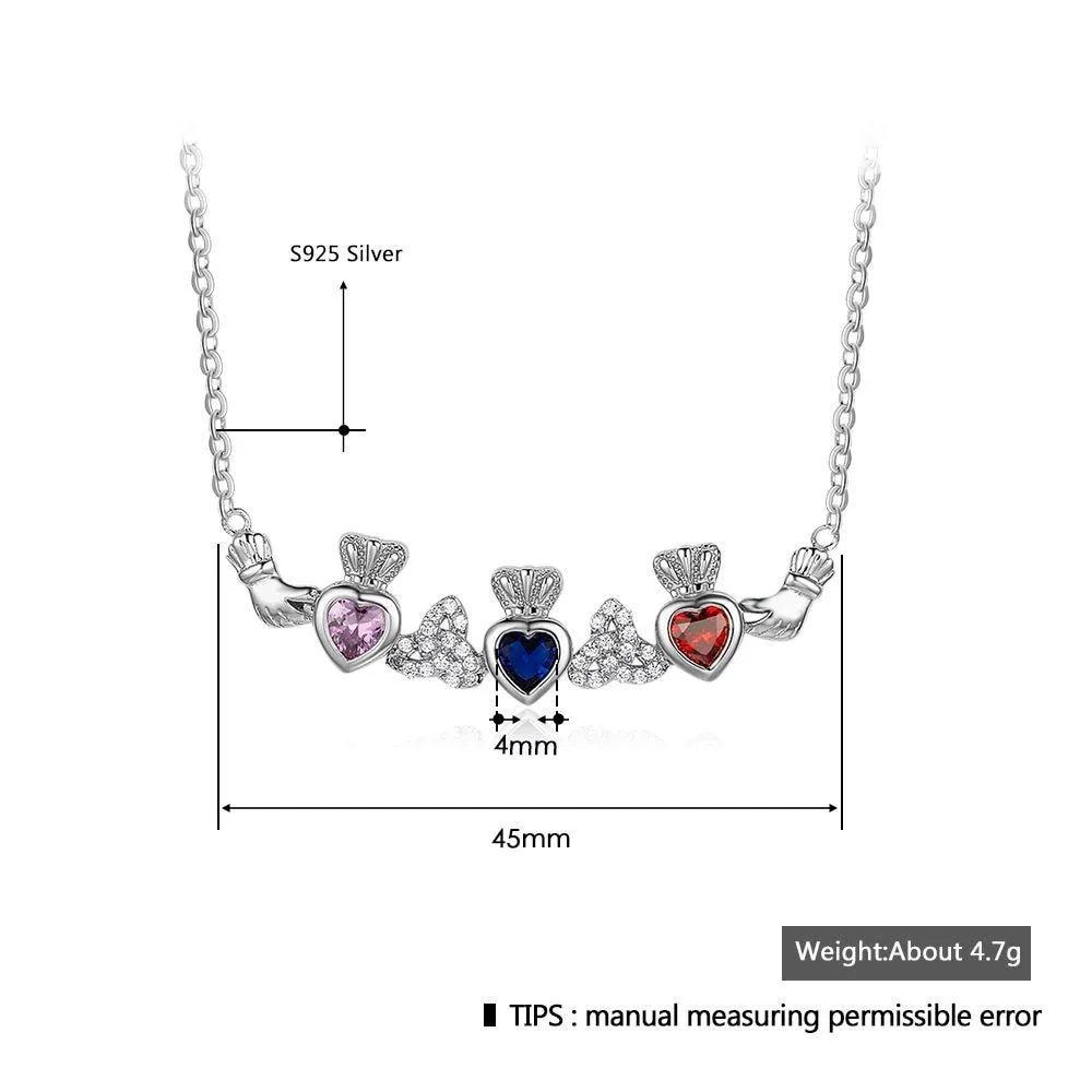Sterling Silver Claddagh Necklace & Pendants 3 Heart Customized Stones Personalized Jewelry Irish Friendship