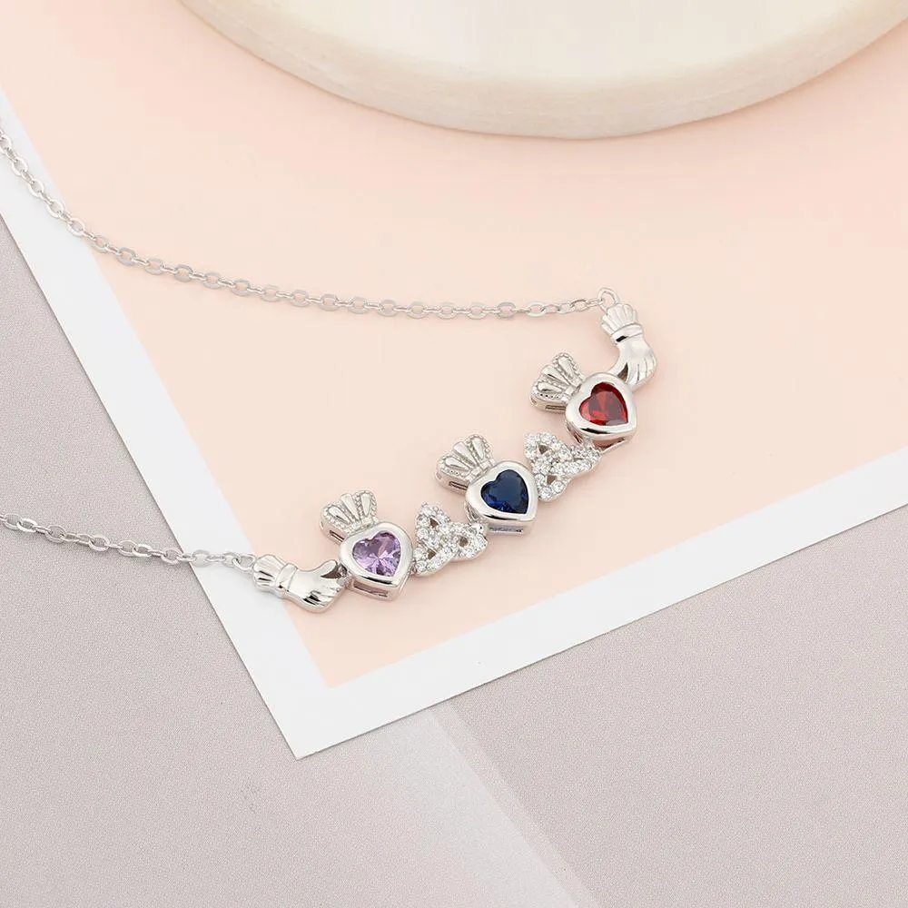 Sterling Silver Claddagh Necklace & Pendants 3 Heart Customized Stones Personalized Jewelry Irish Friendship