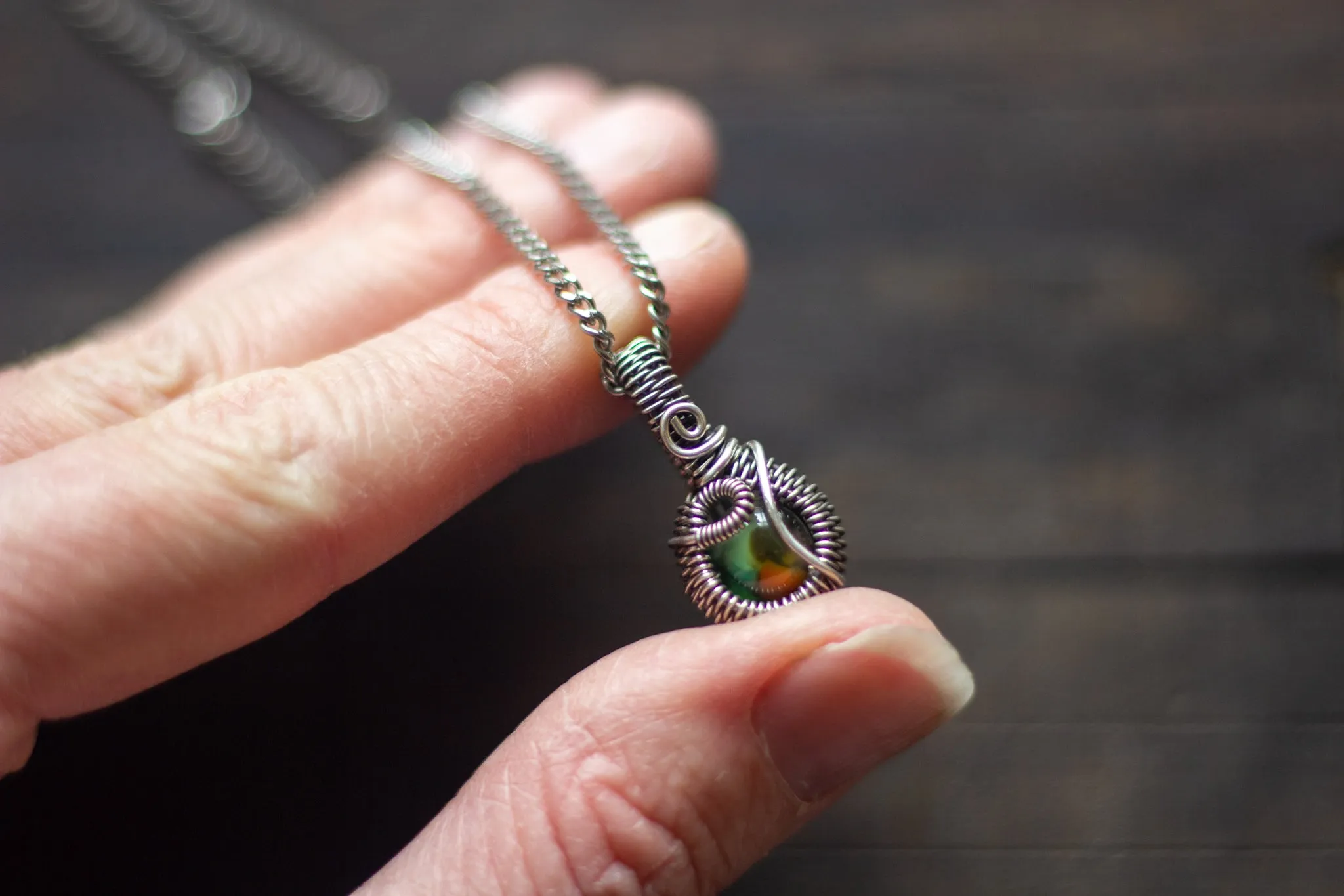 Sterling Silver Mini Pendant with Green and Orange Fused Glass Accent