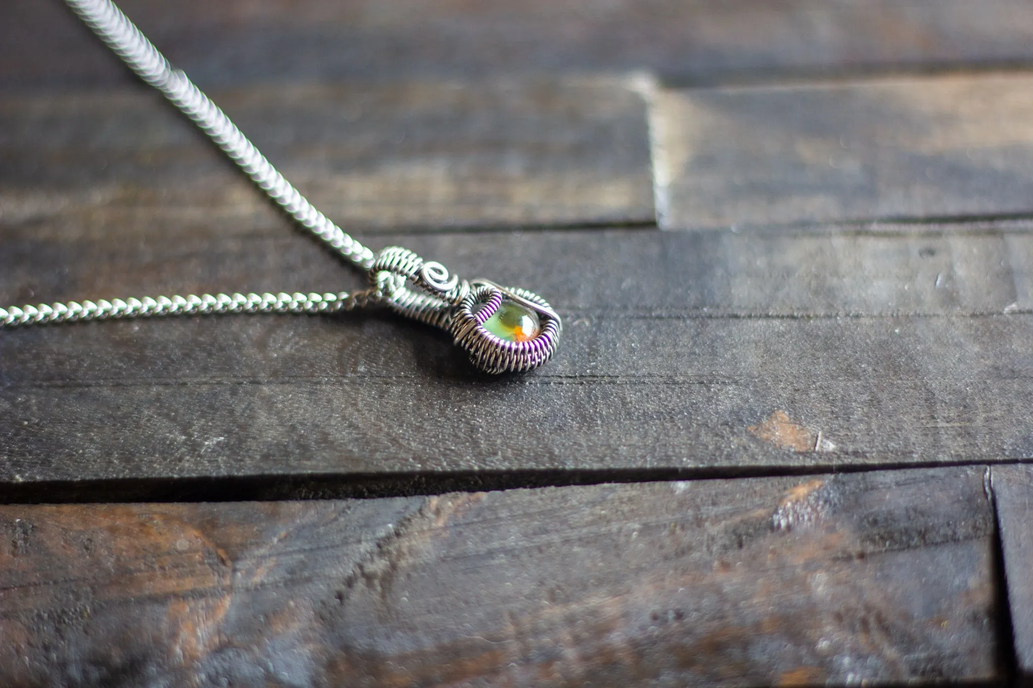 Sterling Silver Mini Pendant with Green and Orange Fused Glass Accent