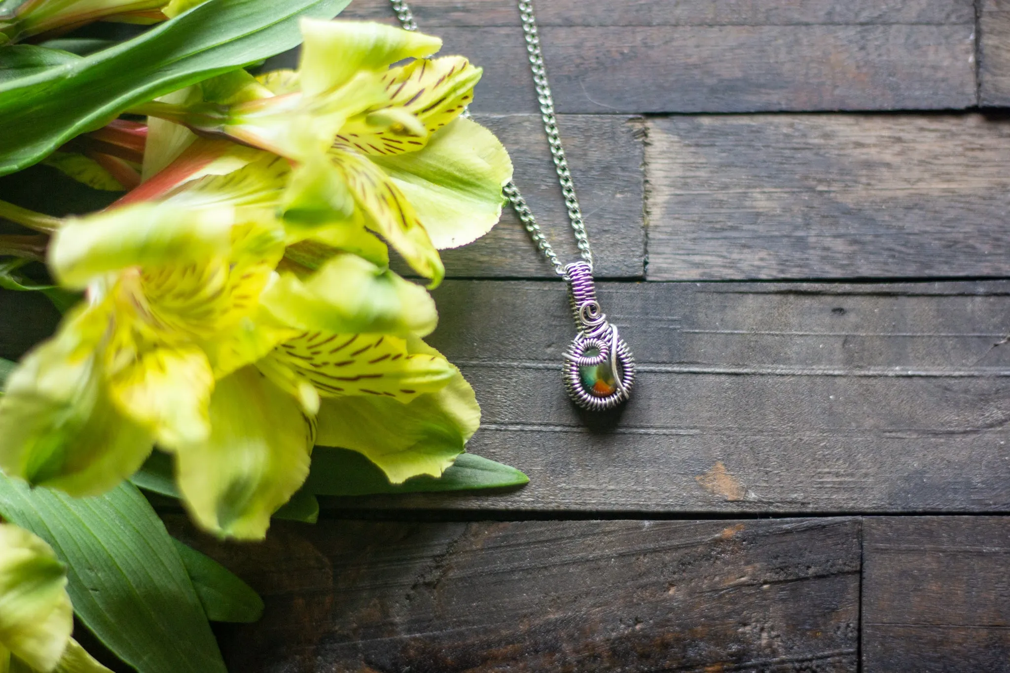 Sterling Silver Mini Pendant with Green and Orange Fused Glass Accent