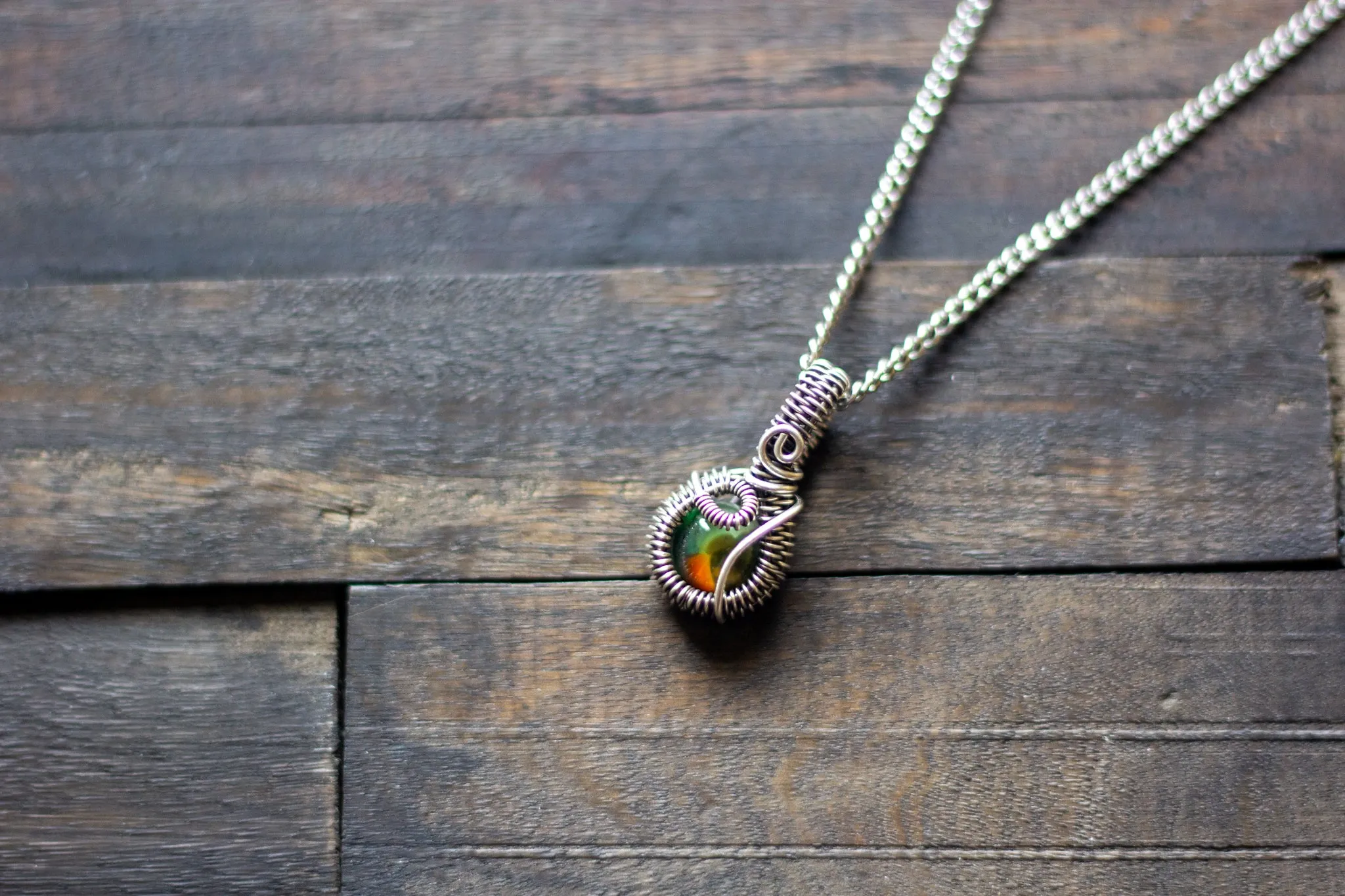 Sterling Silver Mini Pendant with Green and Orange Fused Glass Accent