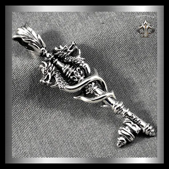 Sterling Silver Viking Biker Double Dragon Key Pendant