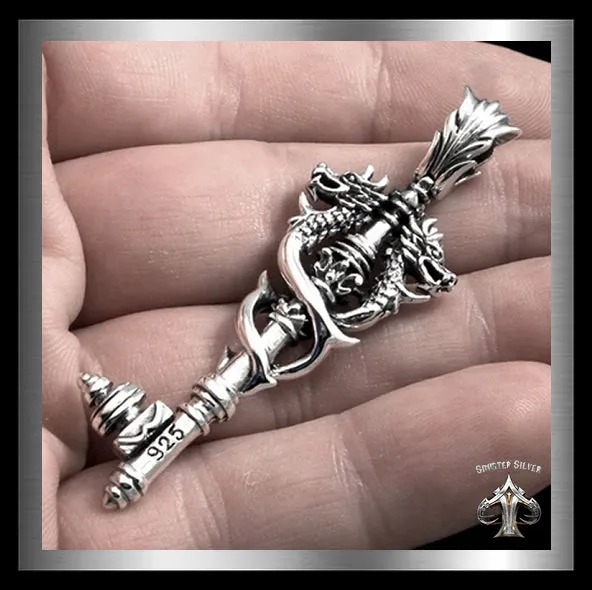 Sterling Silver Viking Biker Double Dragon Key Pendant
