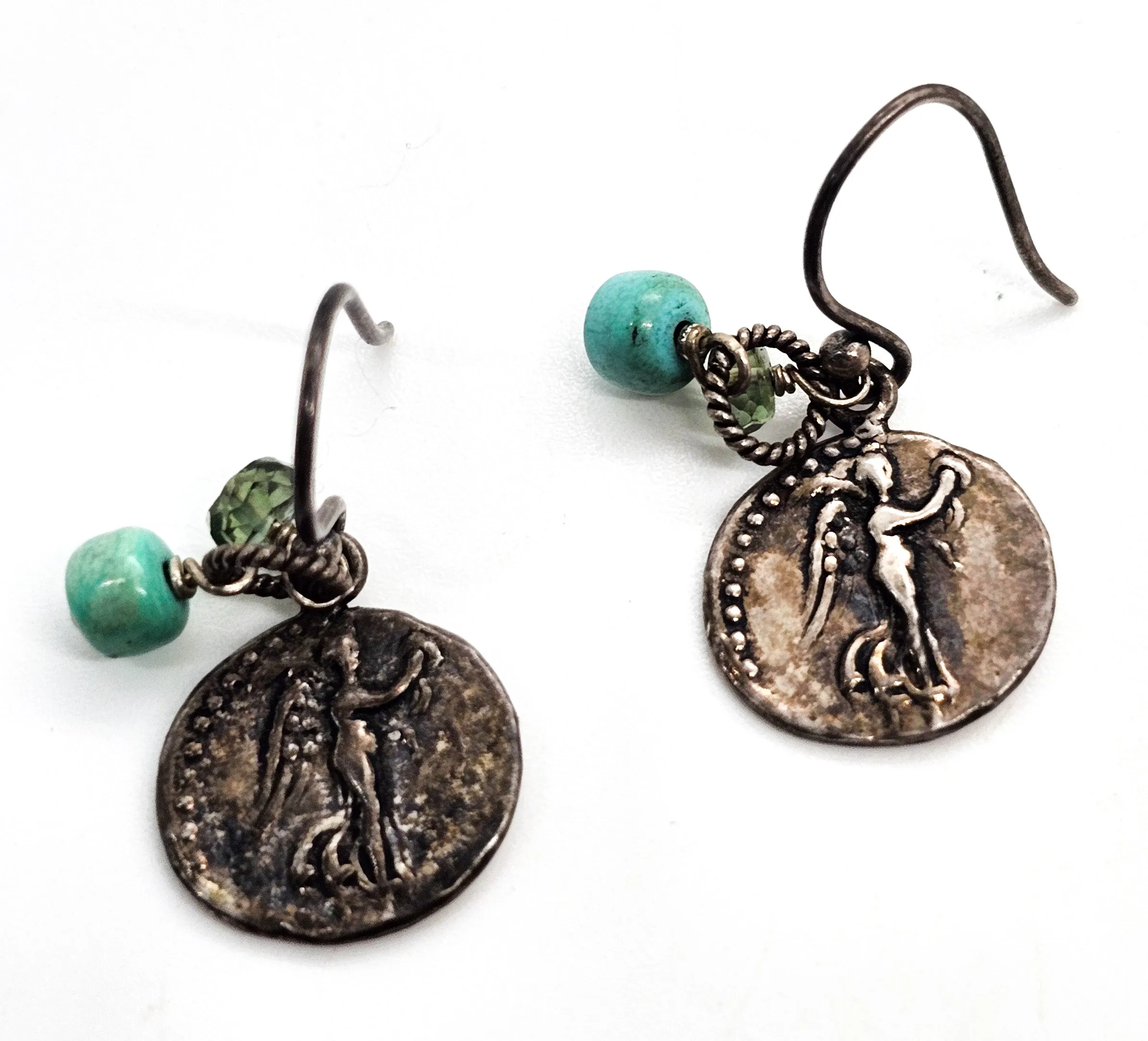 Sunken treasure sterling silver coin smoky topaz and turquoise earrings