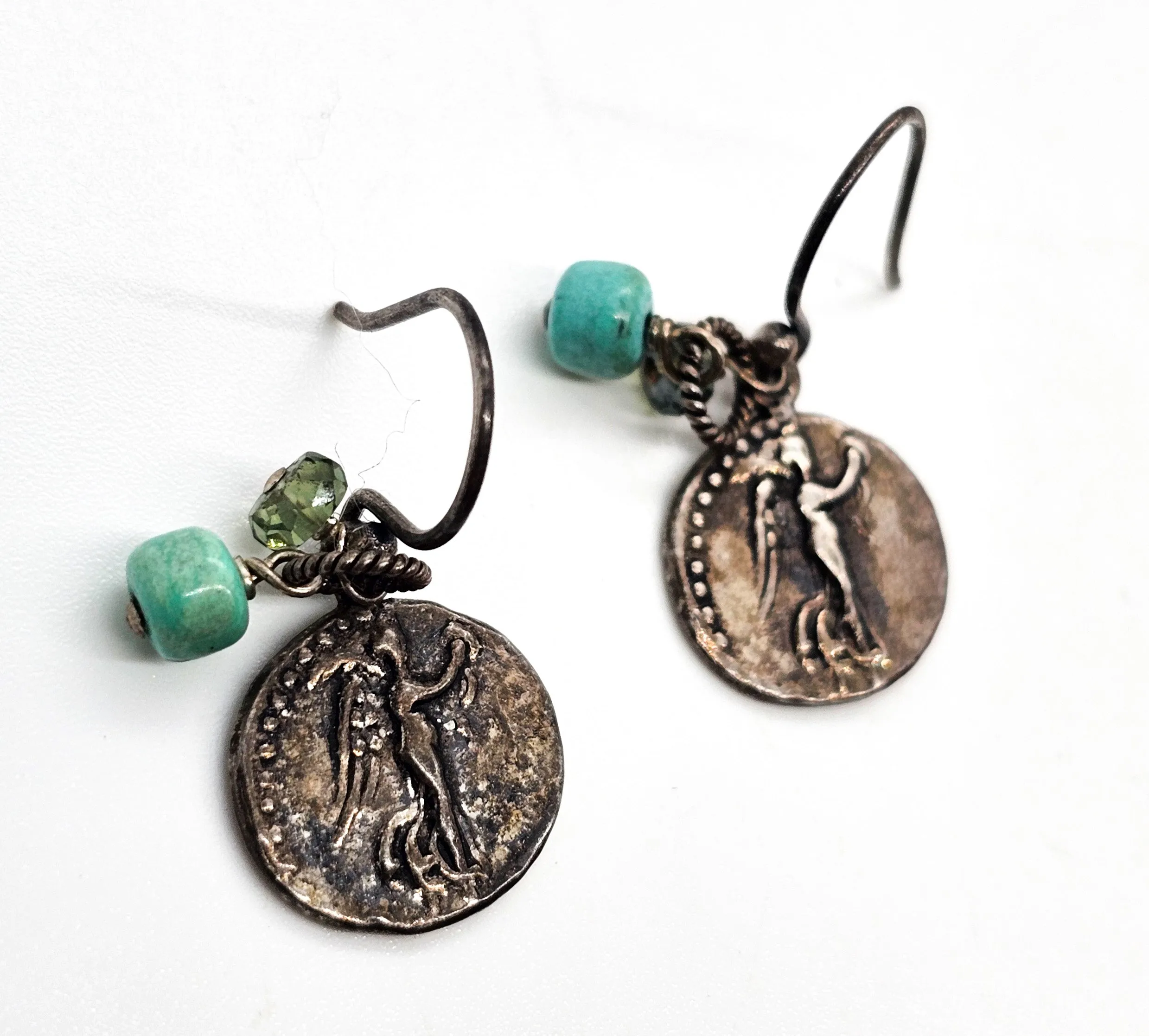 Sunken treasure sterling silver coin smoky topaz and turquoise earrings