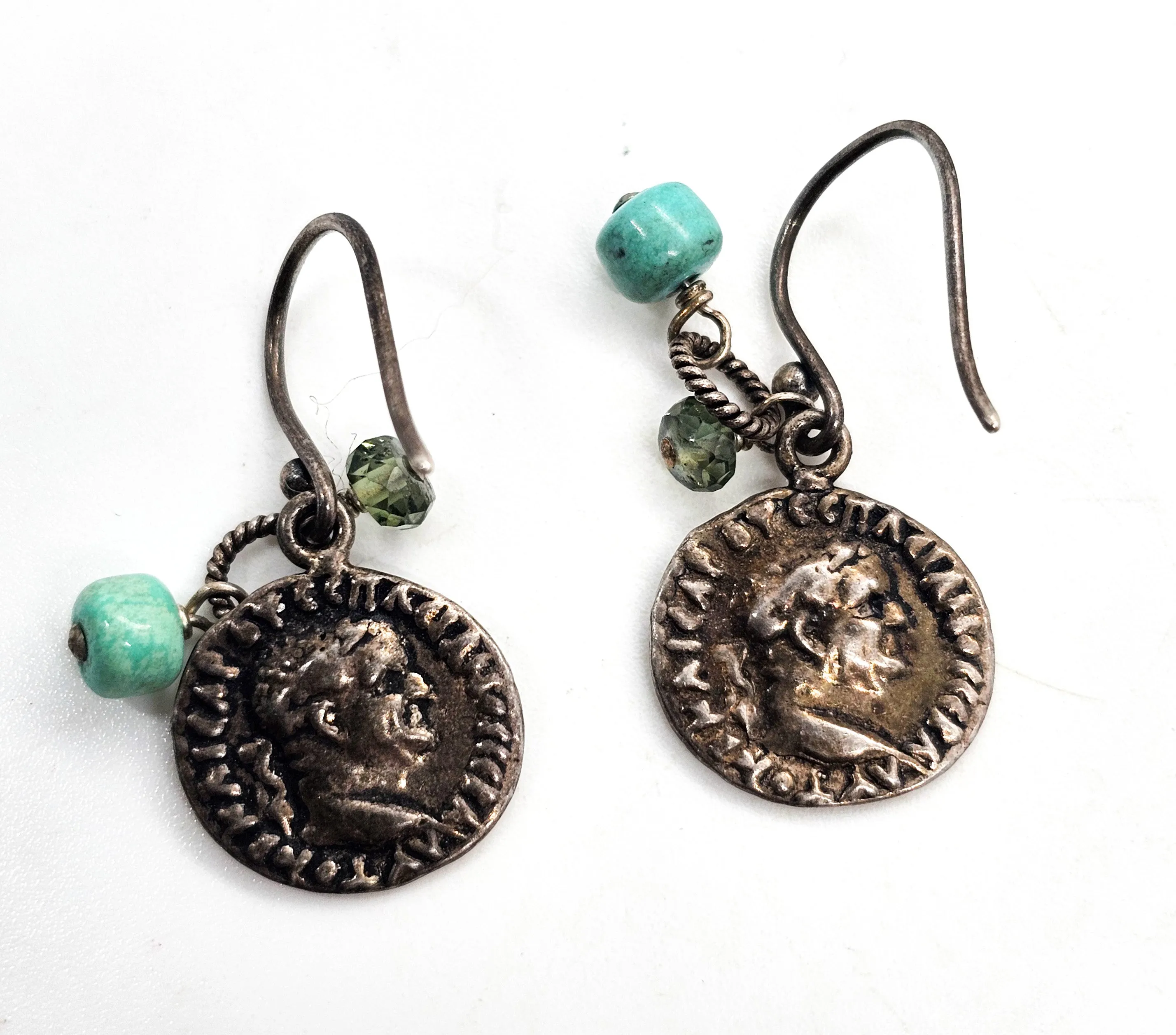 Sunken treasure sterling silver coin smoky topaz and turquoise earrings