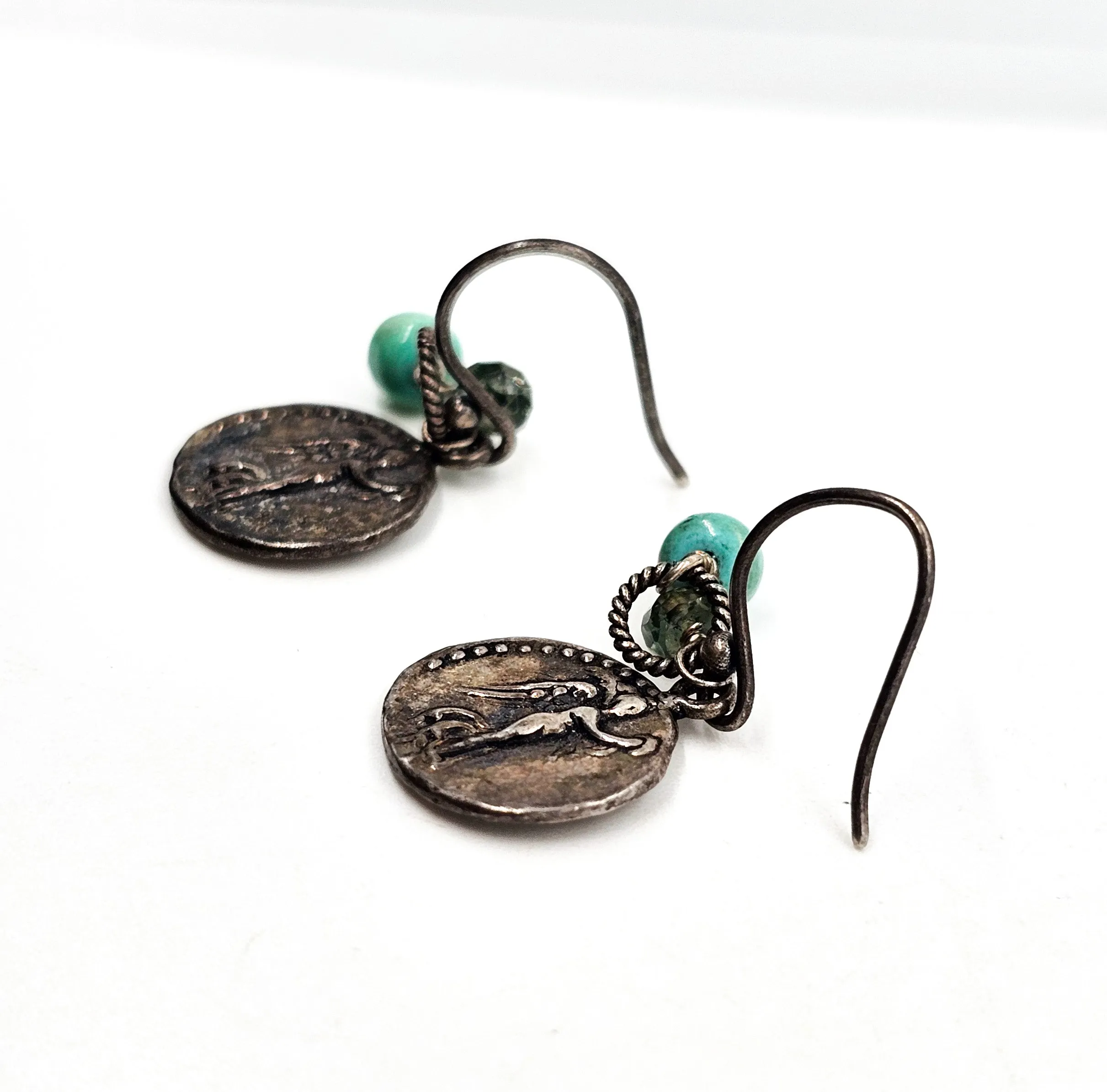 Sunken treasure sterling silver coin smoky topaz and turquoise earrings