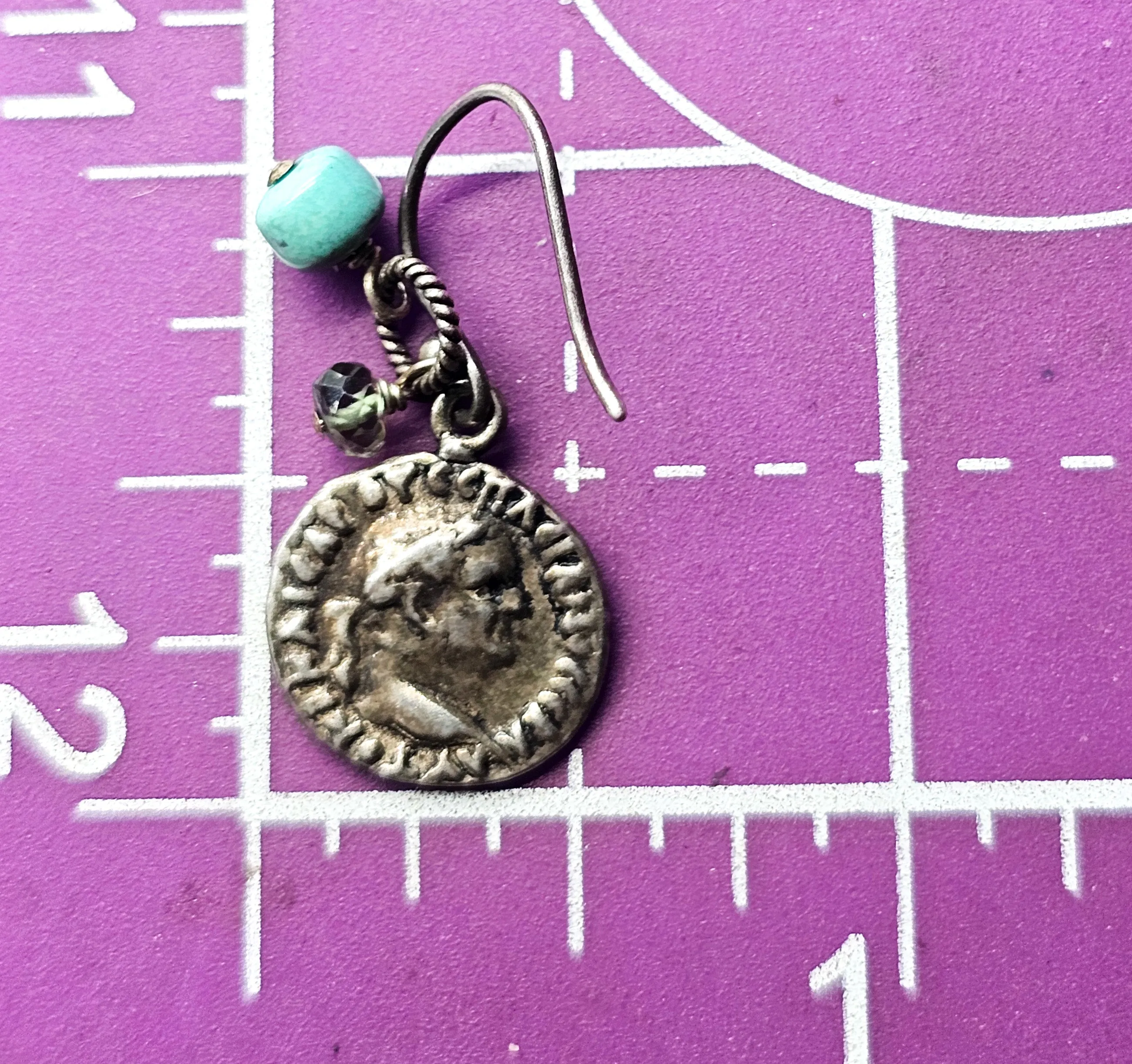 Sunken treasure sterling silver coin smoky topaz and turquoise earrings