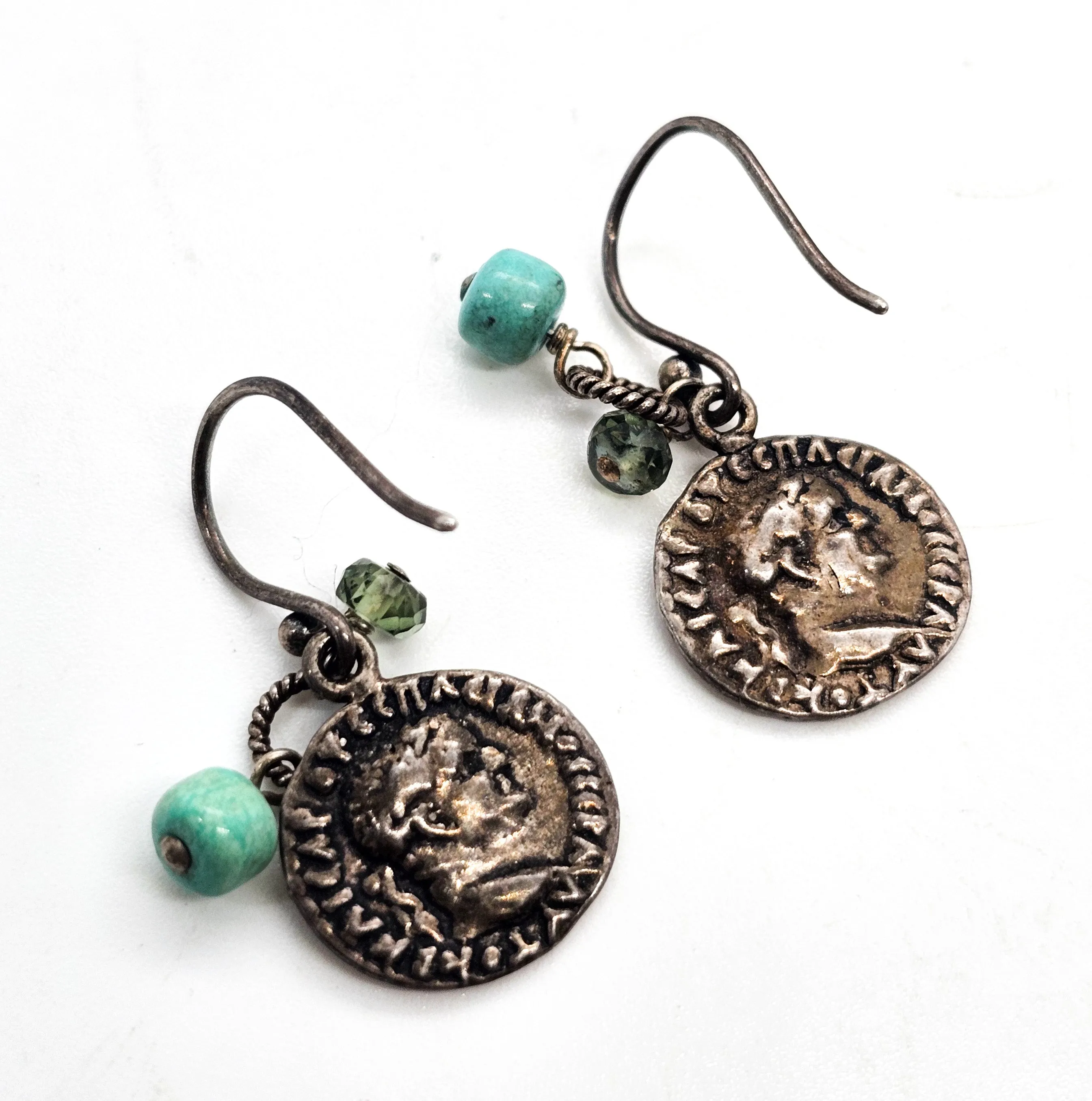 Sunken treasure sterling silver coin smoky topaz and turquoise earrings