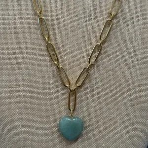 Susan Shaw: Gold Heart Paperclip Chain with Green Jade Heart Drop