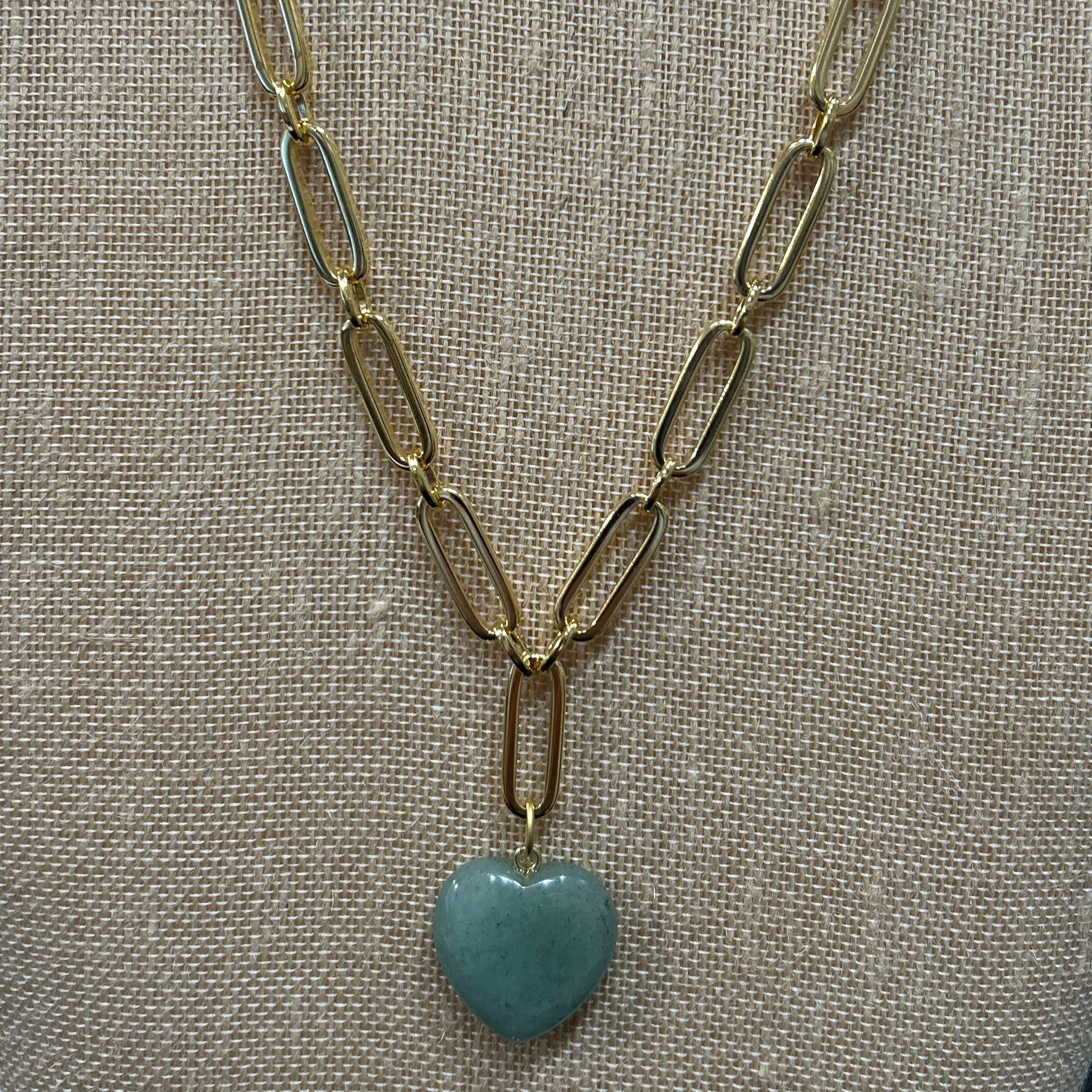 Susan Shaw: Gold Heart Paperclip Chain with Green Jade Heart Drop